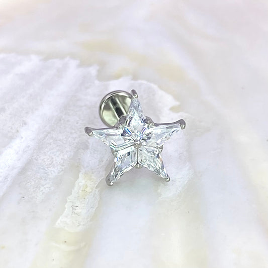 Large Star with Clear Gems Medical Grade ASTM F136 Titanium Internal Thread Labret Ear Jewellery Lobe Cartilage Flat Piercing Earring