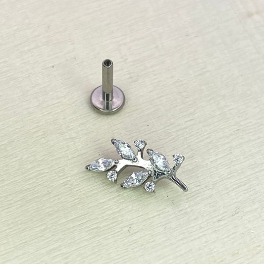 LEAFY BRANCH with clear gems Internal Thread Top Medical grade titanium ASTM F136 Labret Stud for Lobe Helix Tragus  size:1.2 x 6/8mm