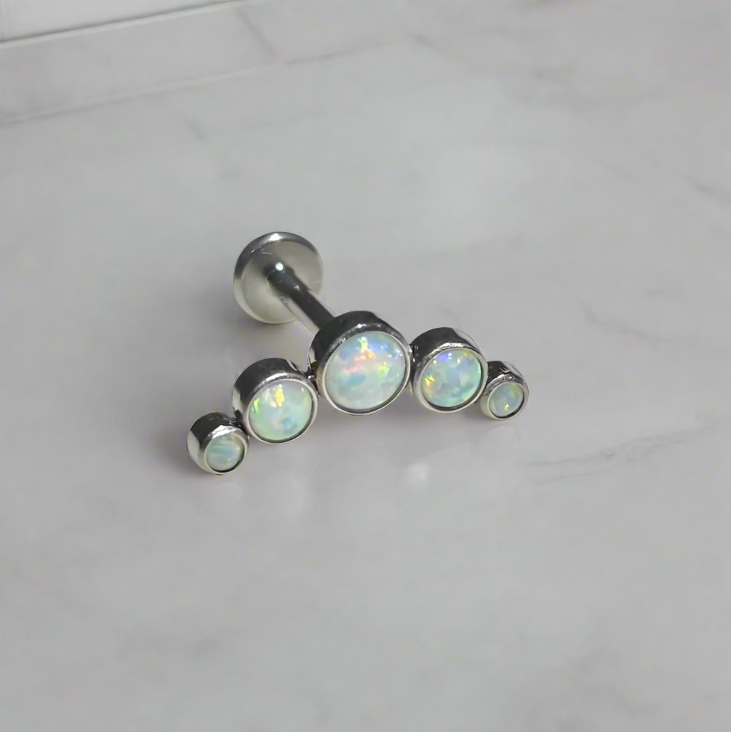 WHITE OPAL CLUSTER Crescent Top Medical Grade ASTM F136 Titanium Internal Thread Labret Ear Jewellery Helix, Tragus, Cartilage, Lobe Earring