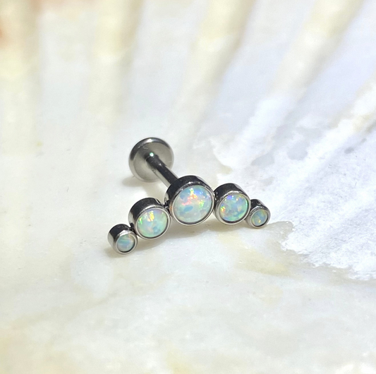 WHITE OPAL CLUSTER Crescent Top Medical Grade ASTM F136 Titanium Internal Thread Labret Ear Jewellery Helix, Tragus, Cartilage, Lobe Earring