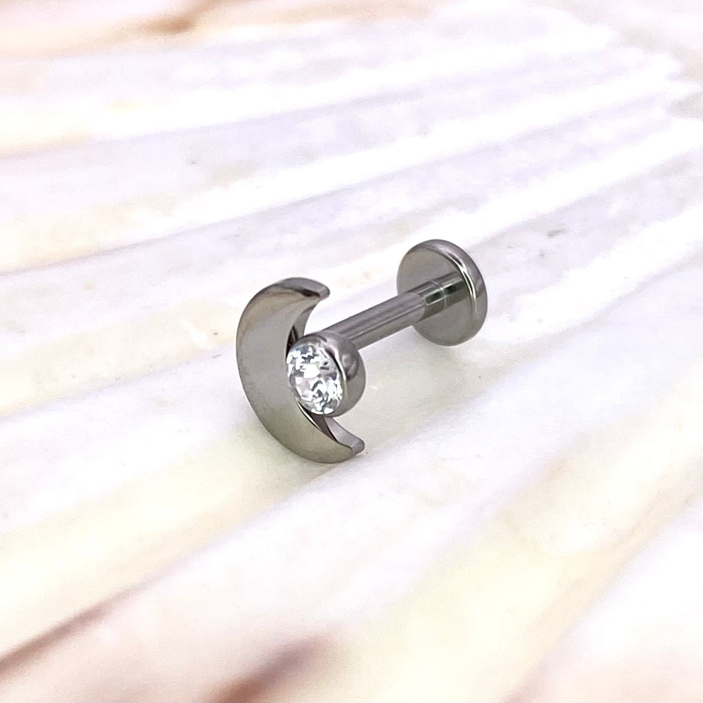 MOON with Single Clear Gem Internal Thread Medical Grade ASTM F136 Titanium Labret Lobe Flat Piercing jewellery