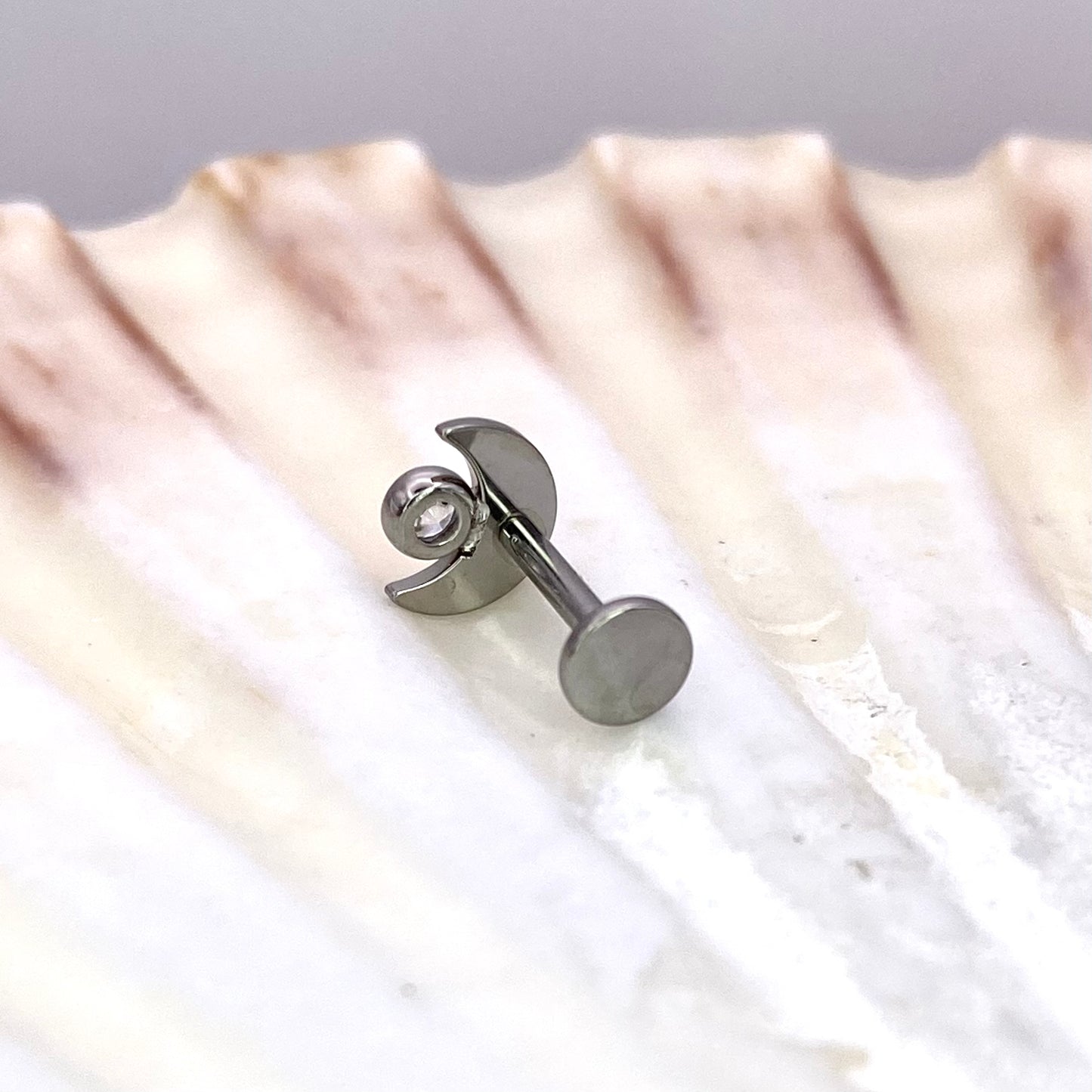 MOON with Single Clear Gem Internal Thread Medical Grade ASTM F136 Titanium Labret Lobe Flat Piercing jewellery