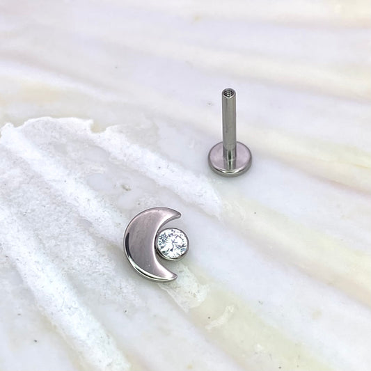 MOON with Single Clear Gem Internal Thread Medical Grade ASTM F136 Titanium Labret Lobe Flat Piercing jewellery