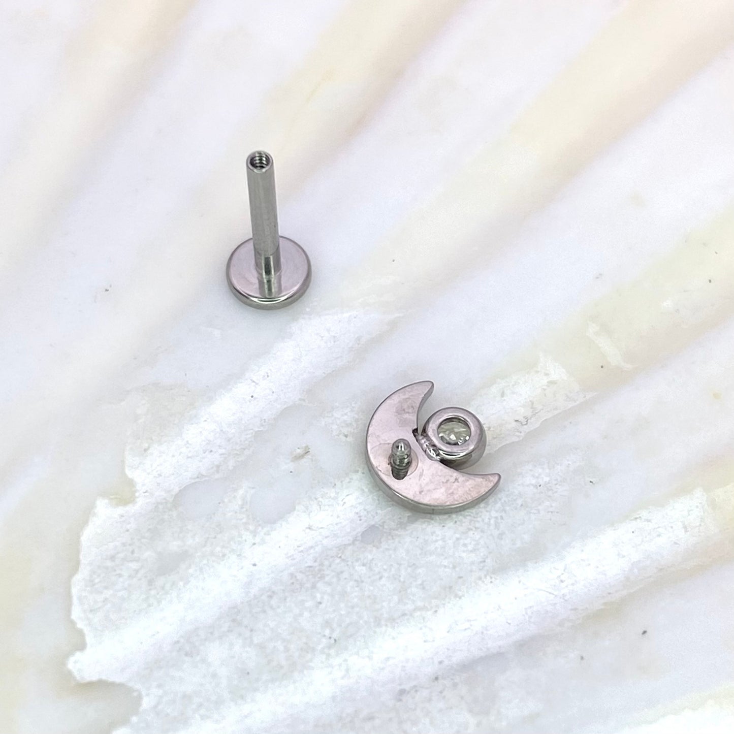 MOON with Single Clear Gem Internal Thread Medical Grade ASTM F136 Titanium Labret Lobe Flat Piercing jewellery