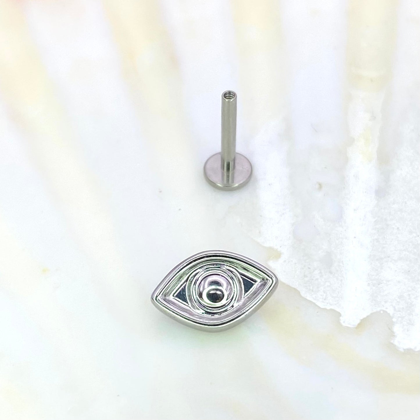 ALL SEEING EYE Top Internal Thread Top Medical grade titanium ASTM F136 Labret Stud for Lobe Helix Tragus, Flat Piercings size: 1.2 x 8mm
