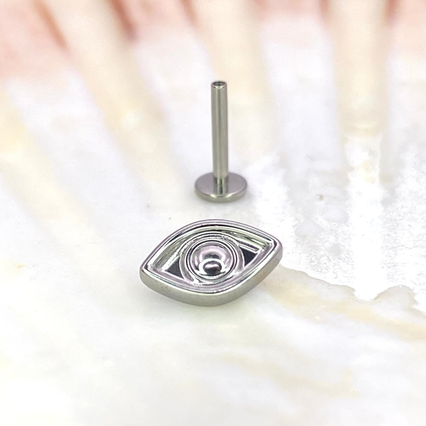 ALL SEEING EYE Top Internal Thread Top Medical grade titanium ASTM F136 Labret Stud for Lobe Helix Tragus, Flat Piercings size: 1.2 x 8mm