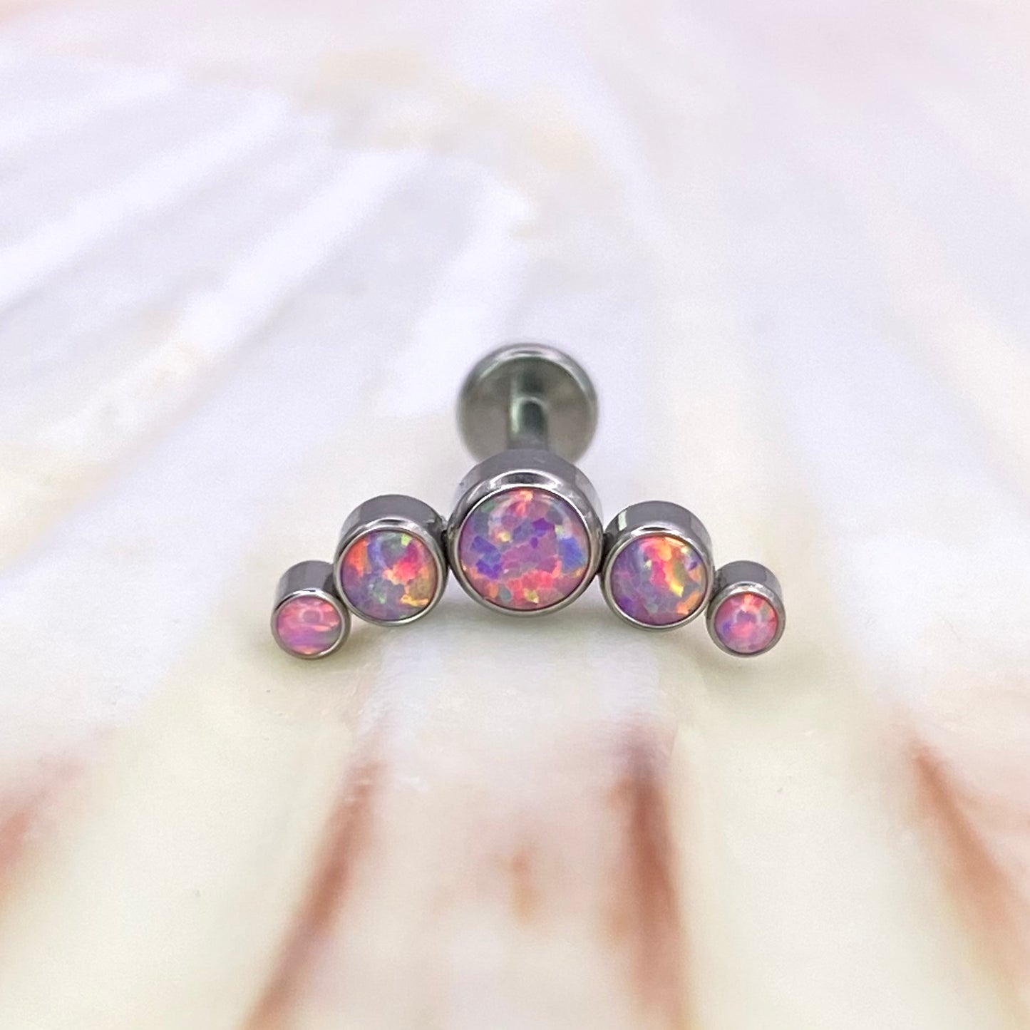PINK OPAL CLUSTER Crescent Top Medical Grade ASTM F136 Titanium Internal Thread Labret Ear Jewellery Helix, Tragus, Cartilage, Lobe Earring
