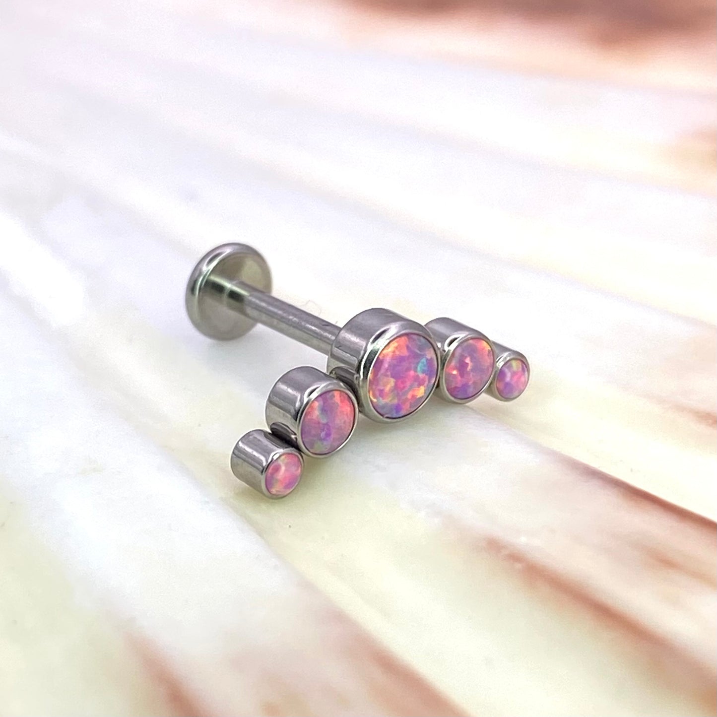 PINK OPAL CLUSTER Crescent Top Medical Grade ASTM F136 Titanium Internal Thread Labret Ear Jewellery Helix, Tragus, Cartilage, Lobe Earring
