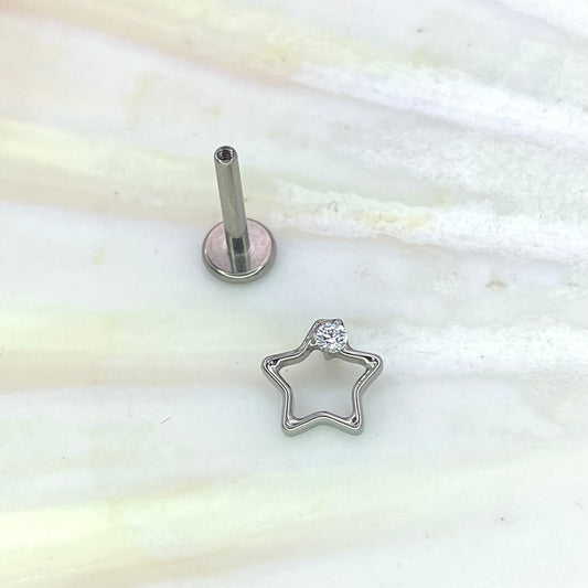 Hollow Star with Clear Gem top Medical Grade ASTM F136 Titanium Internal Thread Labret Ear Jewellery Helix Tragus Lobe Cartilage Flat Piercing Earring