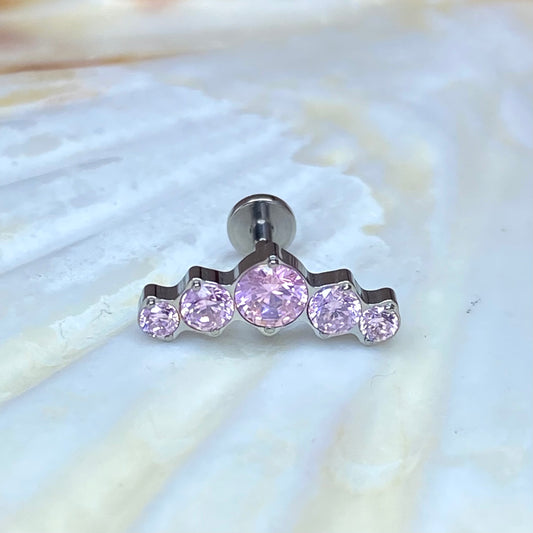 PINK GEM CLUSTER Crescent Top Medical Grade ASTM F136 Titanium Internal Thread Labret Ear Jewellery Helix, Tragus, Cartilage, Lobe Earring