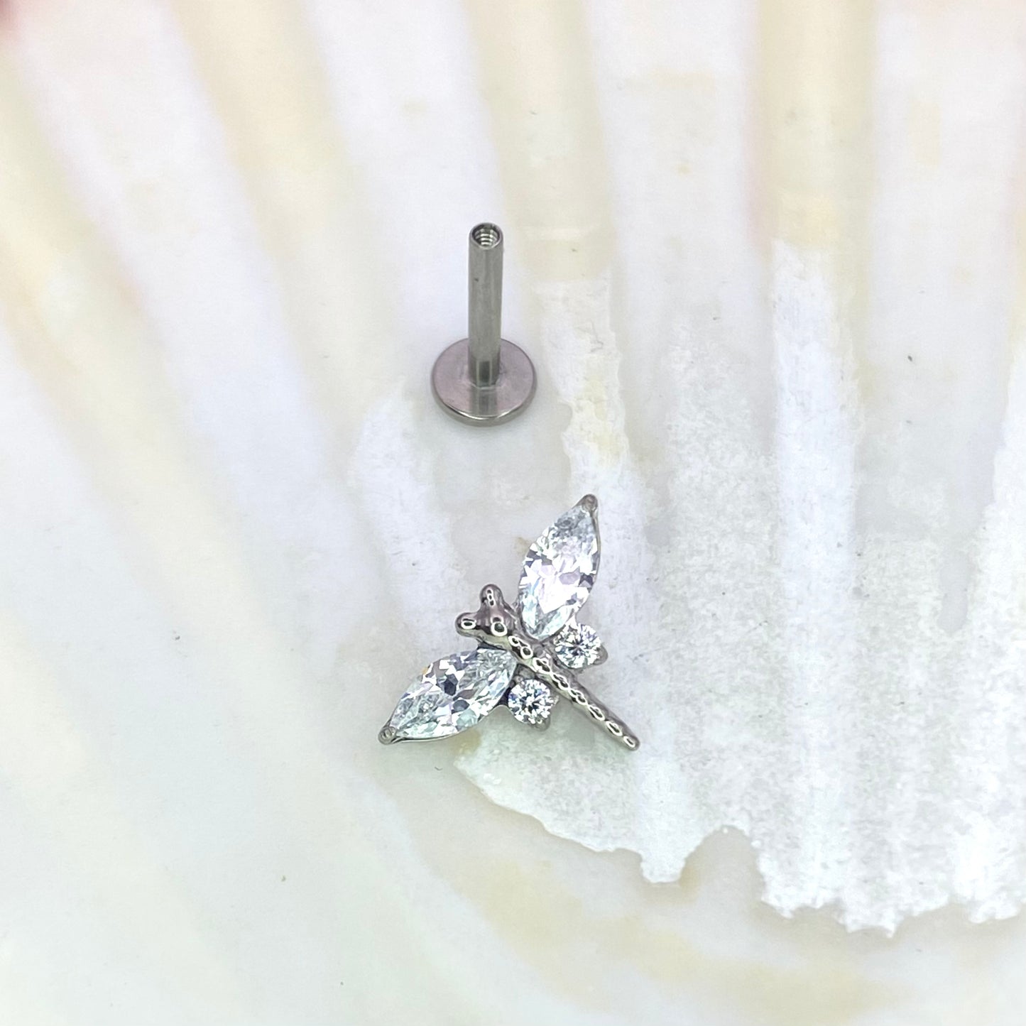 DELICATE DRAGONFLY Clear or Mystic Green Gem Top Internal Thread Medical grade titanium ASTM F136 Labret Stud Lobe Helix Flat jewellery, 1.2 x 6/8/10mm