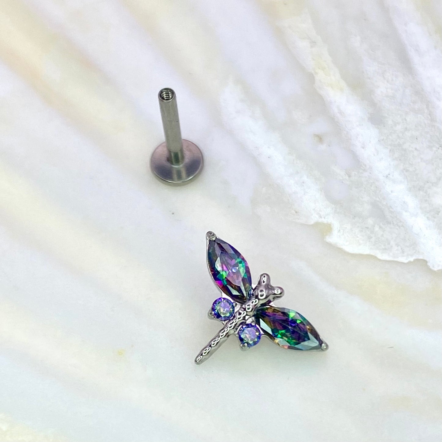 DELICATE DRAGONFLY Clear or Mystic Green Gem Top Internal Thread Medical grade titanium ASTM F136 Labret Stud Lobe Helix Flat jewellery, 1.2 x 6/8/10mm