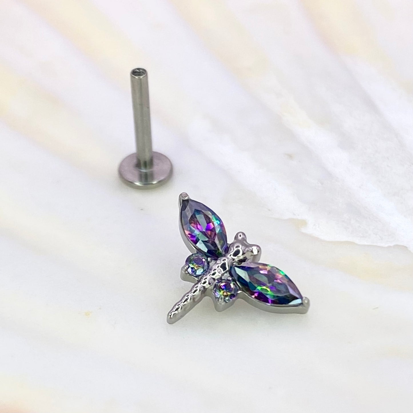 DELICATE DRAGONFLY Clear or Mystic Green Gem Top Internal Thread Medical grade titanium ASTM F136 Labret Stud Lobe Helix Flat jewellery, 1.2 x 6/8/10mm