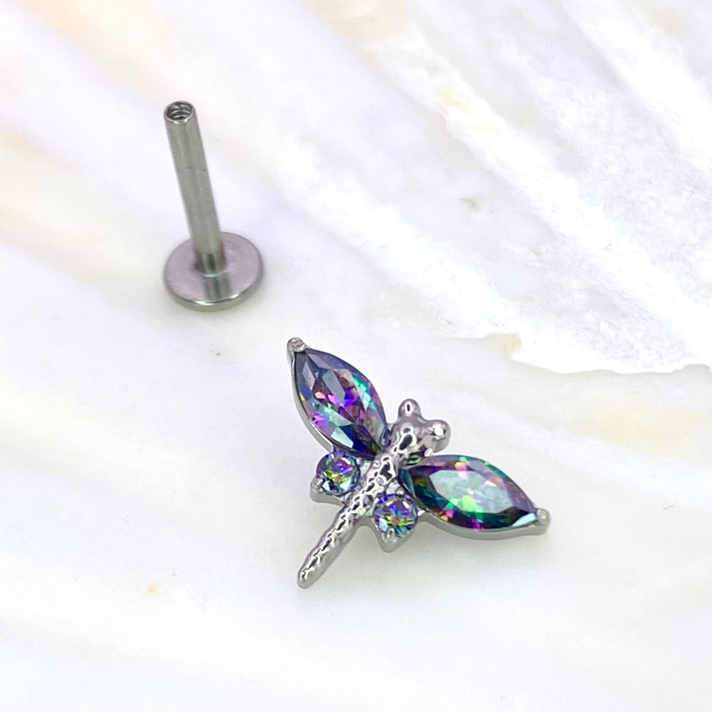 DELICATE DRAGONFLY Clear or Mystic Green Gem Top Internal Thread Medical grade titanium ASTM F136 Labret Stud Lobe Helix Flat jewellery, 1.2 x 6/8/10mm