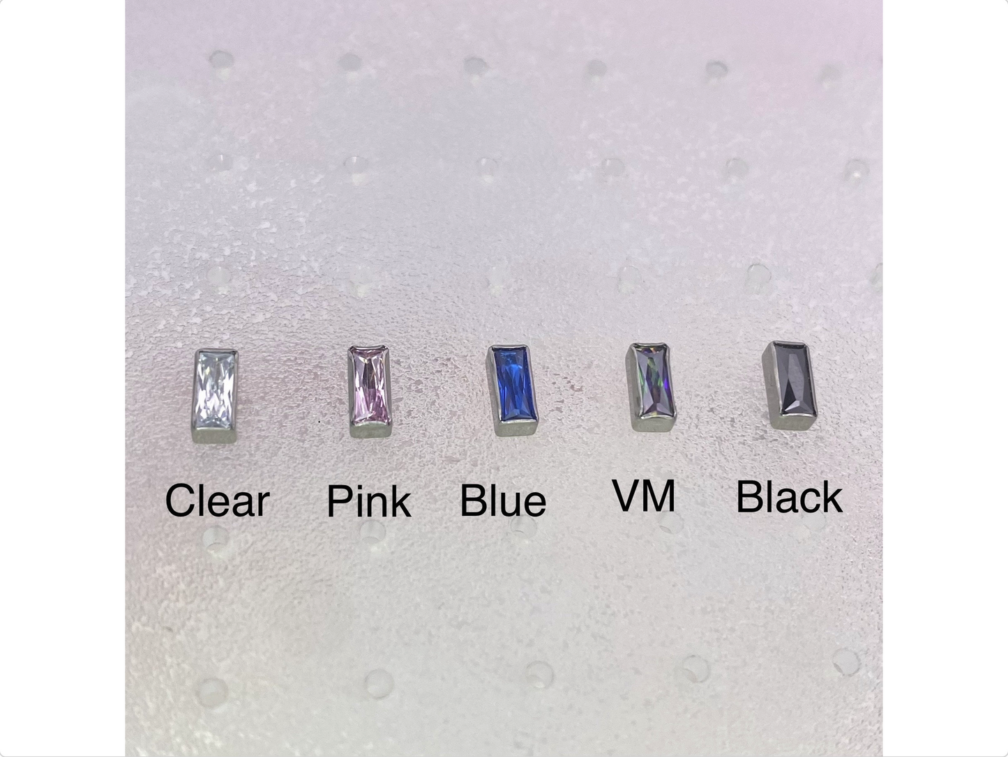 RECTANGLE Shape Gem Top Labret, Clear,Pink,Blue,VM,Black Gems Medical grade ASTM:F-136 titanium Internal Thread, size 1.2 x 6/8/10mm, 16g