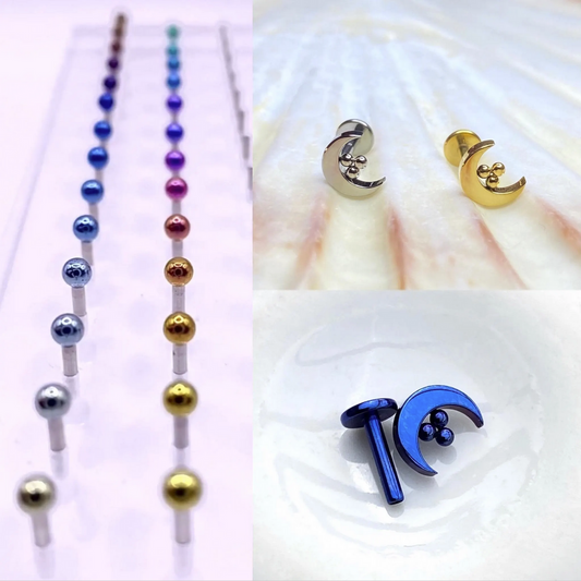 MOON with 3 Beads top Medical Grade ASTM F136 Titanium Internal Thread Labret Ear Jewellery Helix Tragus Lobe Cartilage Flat Piercing Earring 1.2x8mm