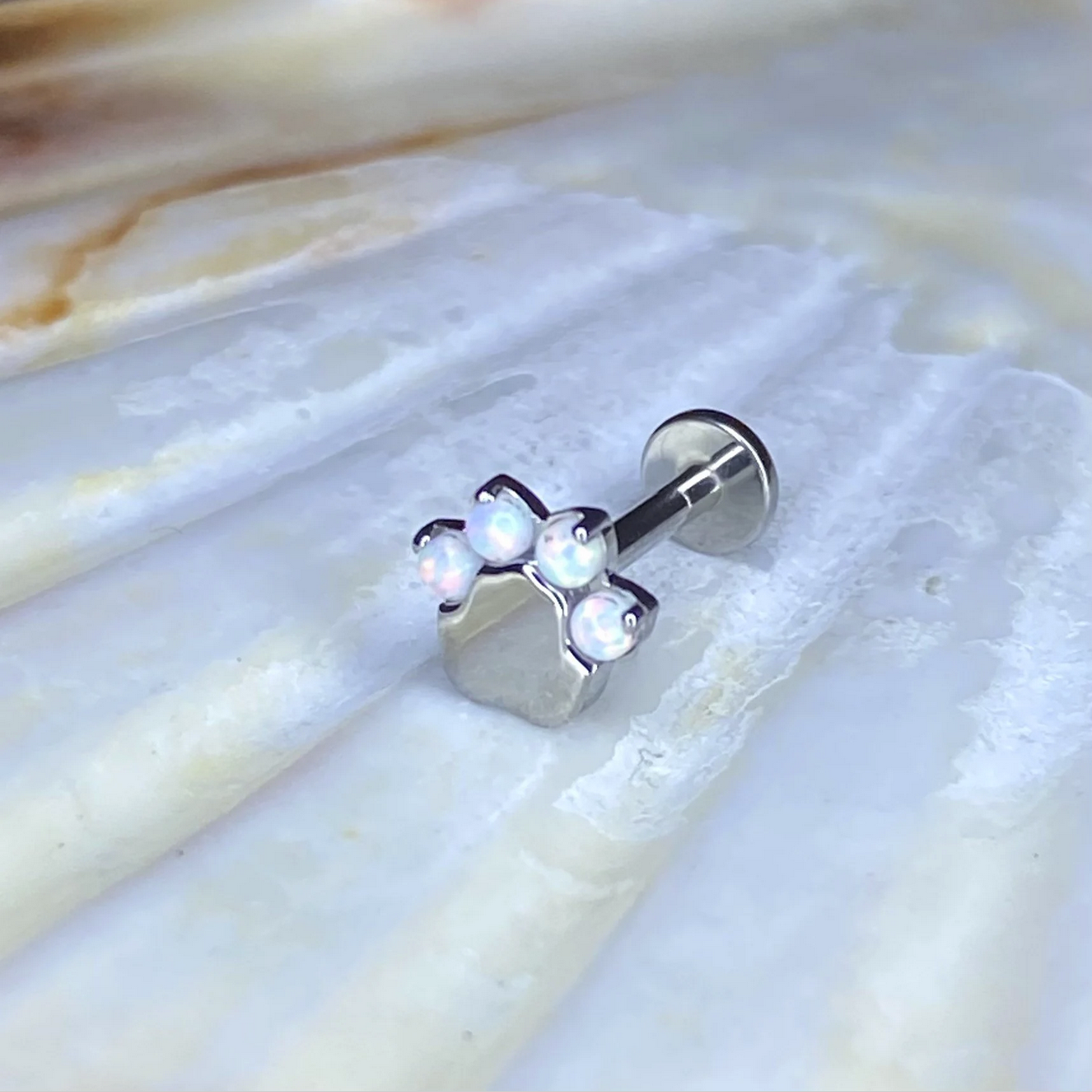White Opal Gem PAW Print Top Implant Grade ASTM:F-136 Titanium Labret 1.2x8mm Earring Internal Thread Cartilage stud, dog paw, cat paw