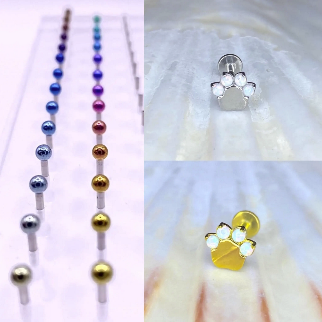 White Opal Gem PAW Print Top Implant Grade ASTM:F-136 Titanium Labret 1.2x8mm Earring Internal Thread Cartilage stud, dog paw, cat paw