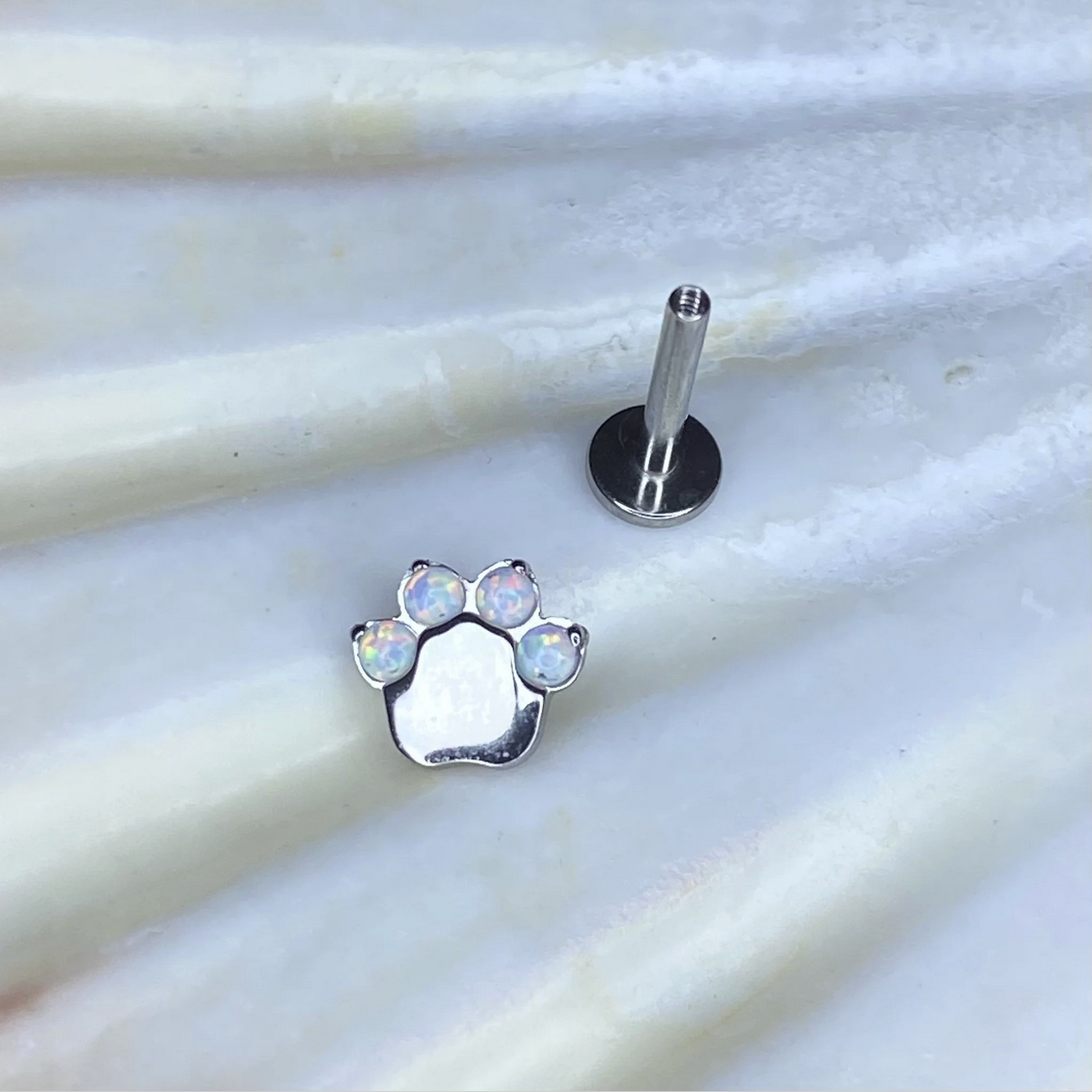 White Opal Gem PAW Print Top Implant Grade ASTM:F-136 Titanium Labret 1.2x8mm Earring Internal Thread Cartilage stud, dog paw, cat paw