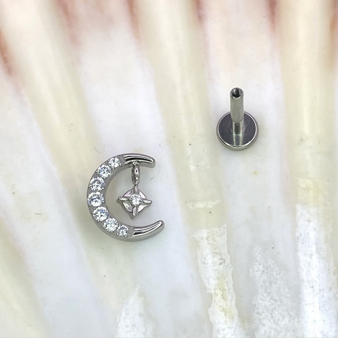 MOON with SPARKLE and Clear Gems Internal Thread Medical Grade ASTM F136 Titanium Labret Lobe Flat Piercing jewellery