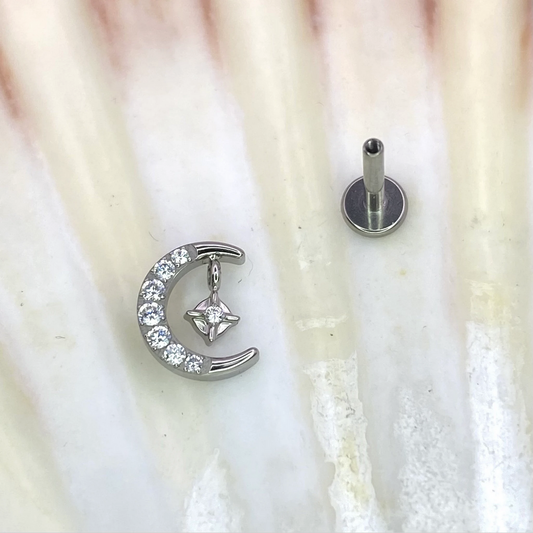 MOON with SPARKLE and Clear Gems Internal Thread Medical Grade ASTM F136 Titanium Labret Lobe Flat Piercing jewellery