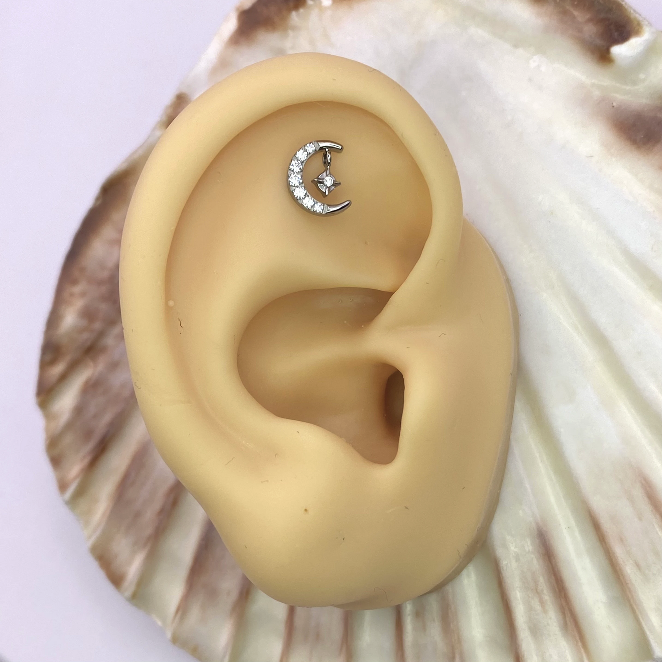 MOON with SPARKLE and Clear Gems Internal Thread Medical Grade ASTM F136 Titanium Labret Lobe Flat Piercing jewellery