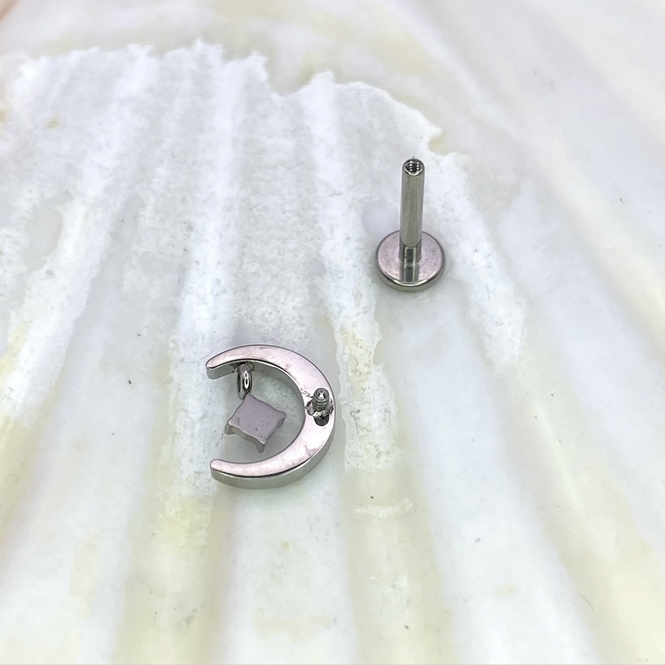 MOON with SPARKLE and Clear Gems Internal Thread Medical Grade ASTM F136 Titanium Labret Lobe Flat Piercing jewellery