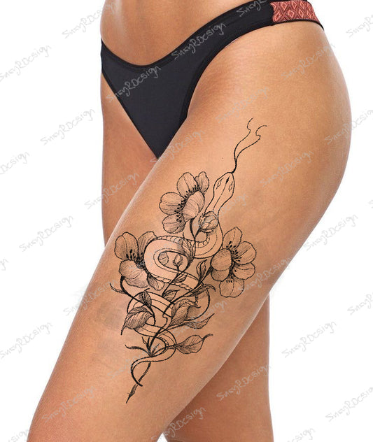 Freehand-Drawn, Unique Snake and Flowers Tattoo Pencil Drawing - Stencil for Perfect Ink Outline included, SVG PNG JPG files