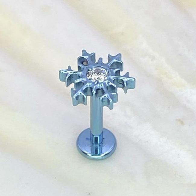 Ice Blue SNOWFLAKE Clear Gem Top Internal Thread Medical grade ASTM F136 titanium Labret Stud Lobe Helix Flat Piercing Jewellery