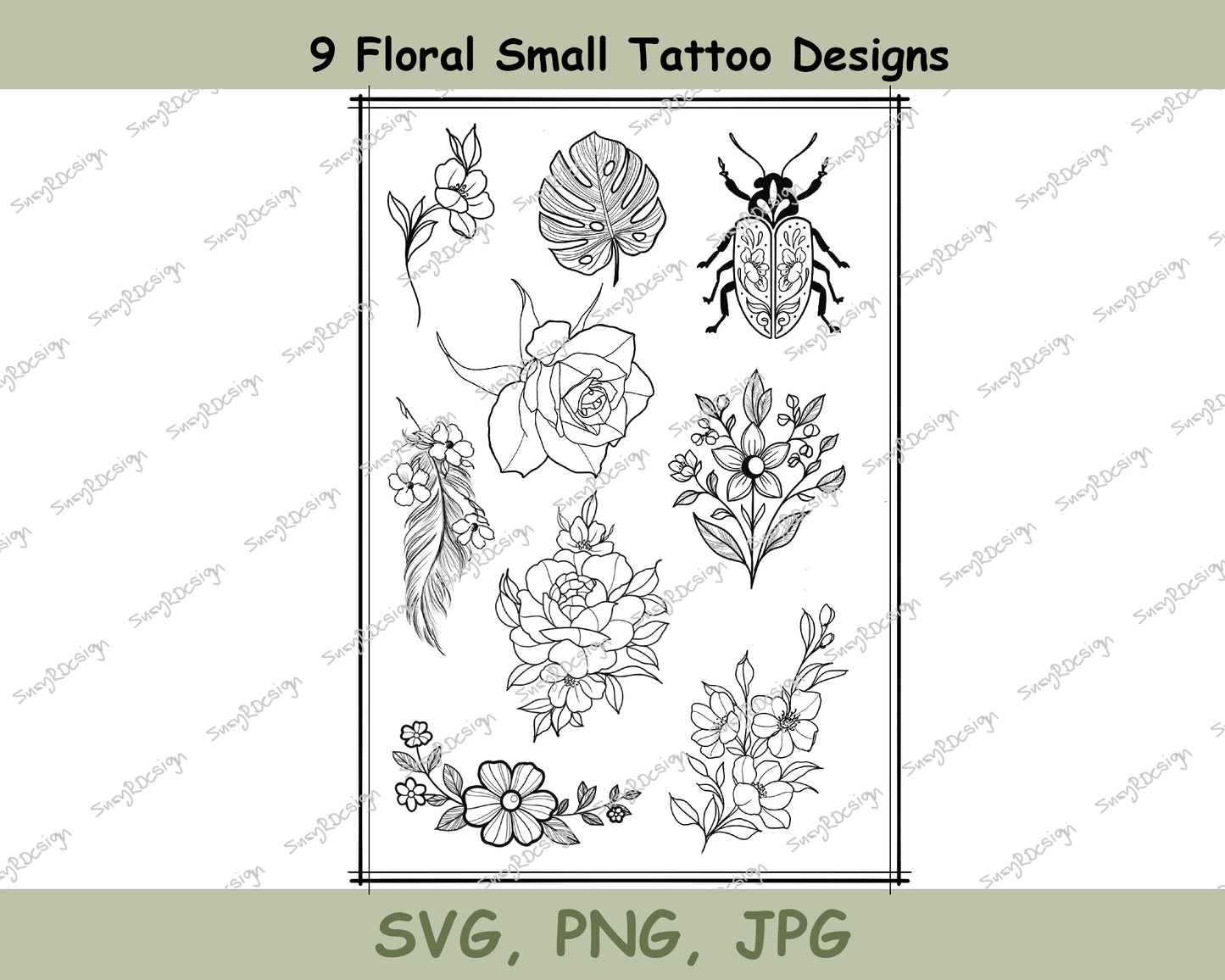 Nature Inspired Floral Tattoo Flash Sheet - 9 Unique Small Size Floral Designs by SusyRDesign, SVG PNG JPG