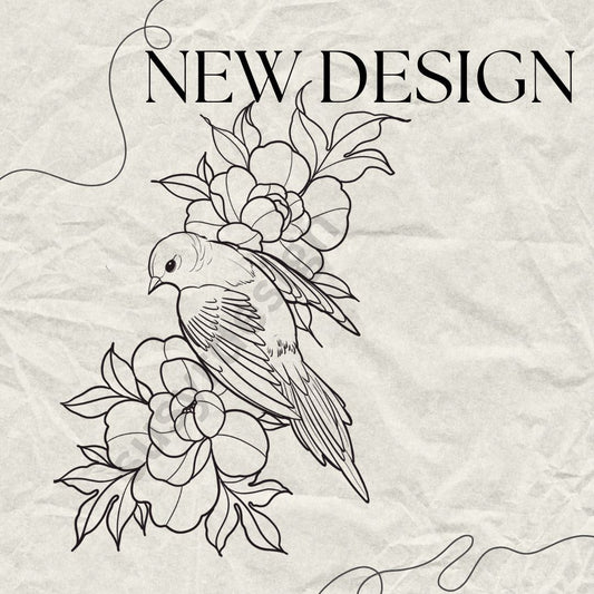 Songbird and Peonies Tattoo Design, Flora and Fauna Art, Tattoo Stencil, Fine line Illustration, Instant Download, JPG, PNG, SVG