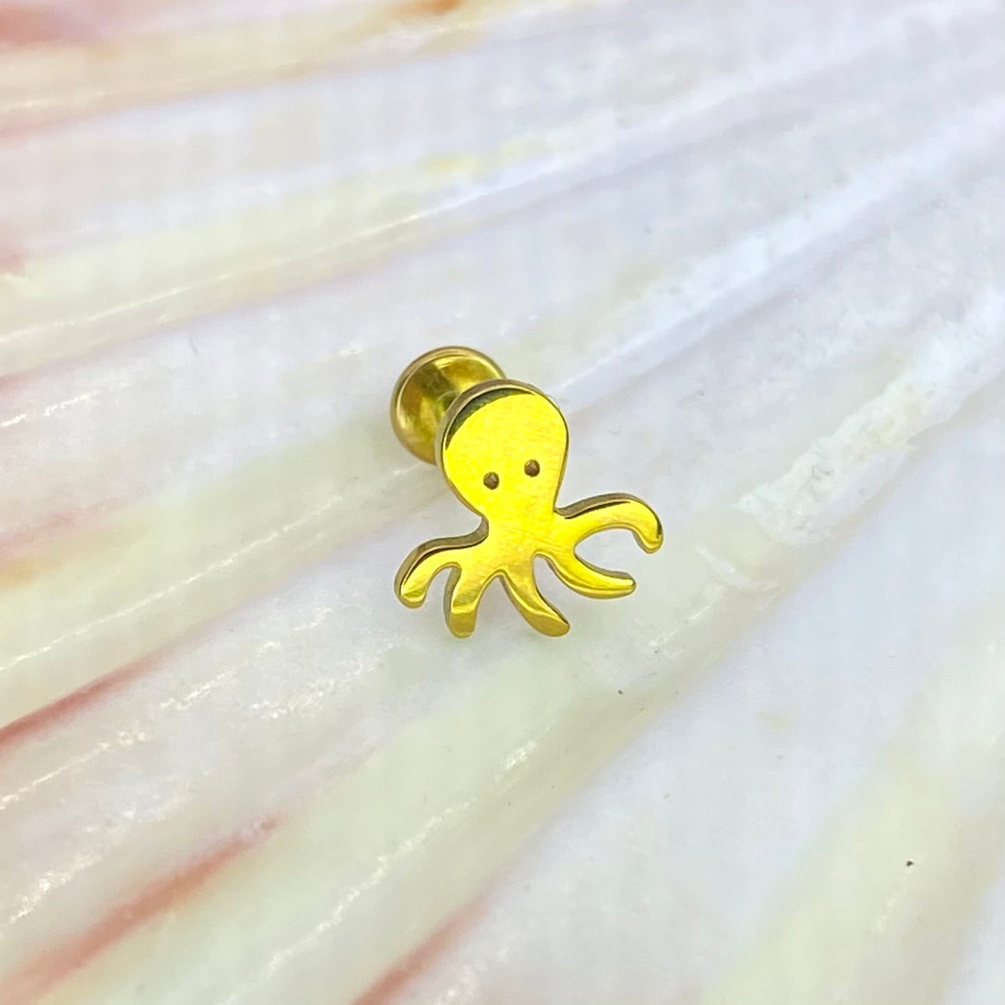 GOLD ANODIZED Medical grade Internal thread ASTM:F-136 titanium Labret with Cute Octopus Top 1.2x8mm helix cartilage tragus