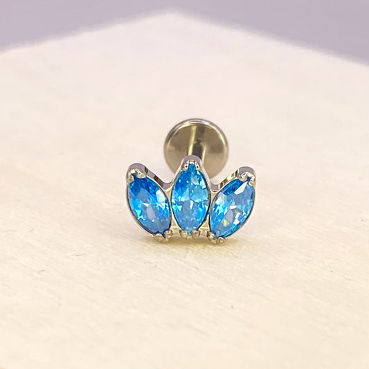 BLUE Triple Marquise Gem Top Medical Grade ASTM F136 Titanium Internal Thread Labret Ear Jewellery Helix Tragus Cartilage Earring 1.2x8mm