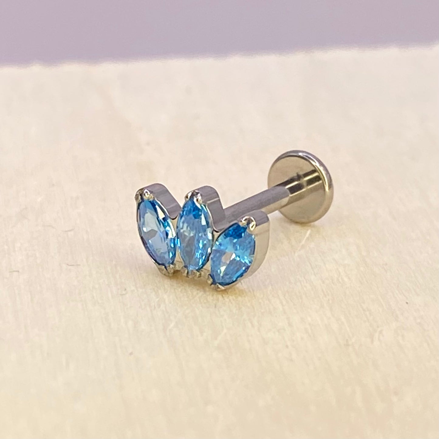 BLUE Triple Marquise Gem Top Medical Grade ASTM F136 Titanium Internal Thread Labret Ear Jewellery Helix Tragus Cartilage Earring 1.2x8mm