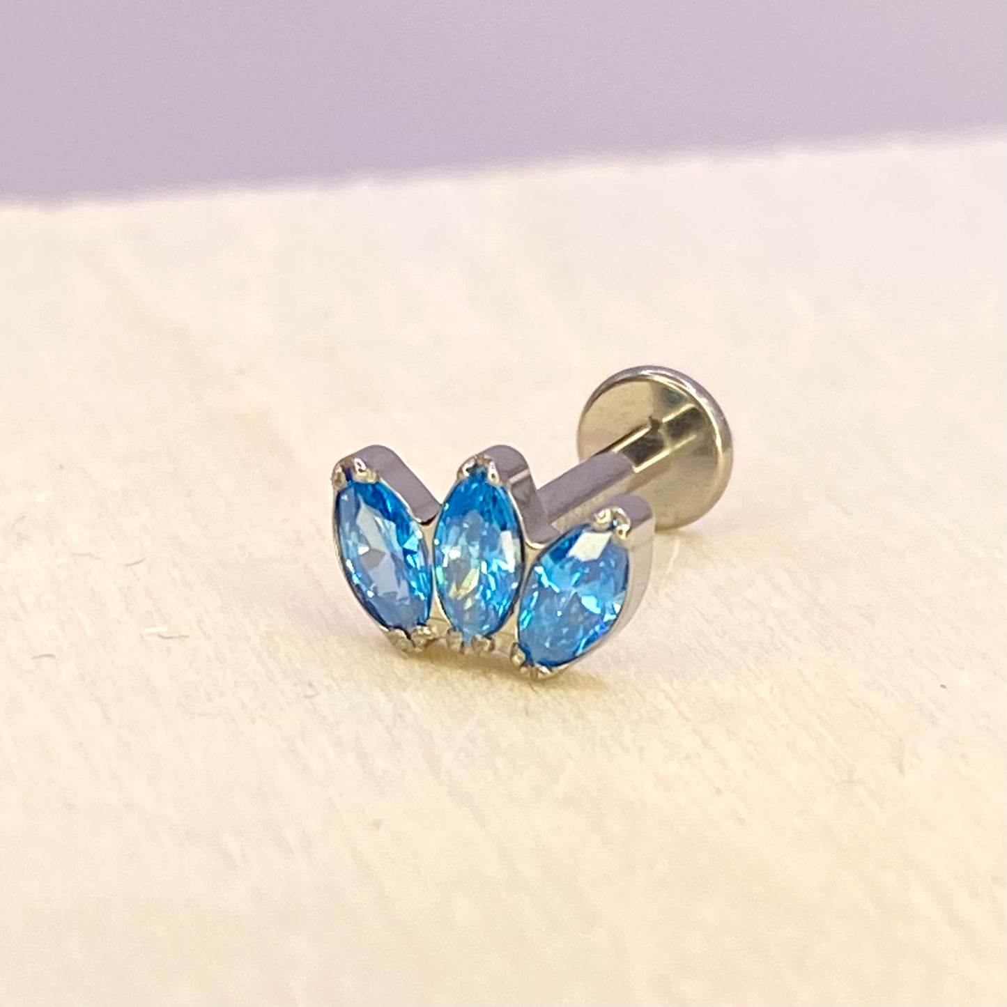 BLUE Triple Marquise Gem Top Medical Grade ASTM F136 Titanium Internal Thread Labret Ear Jewellery Helix Tragus Cartilage Earring 1.2x8mm