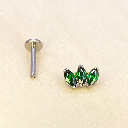 GREEN Triple Marquise Gem Top Medical Grade ASTM F136 Titanium Internal Thread Labret Ear Jewellery Helix Tragus Cartilage Earring 1.2x8mm