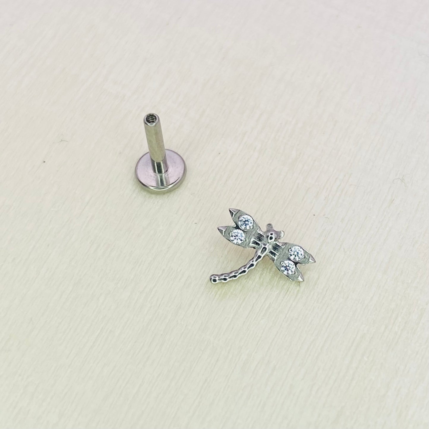 Small DRAGONFLY Clear Gem Top Internal Thread Medical grade titanium ASTM F136 Labret Stud Lobe Helix Flat jewellery, 1.2 x 8mm