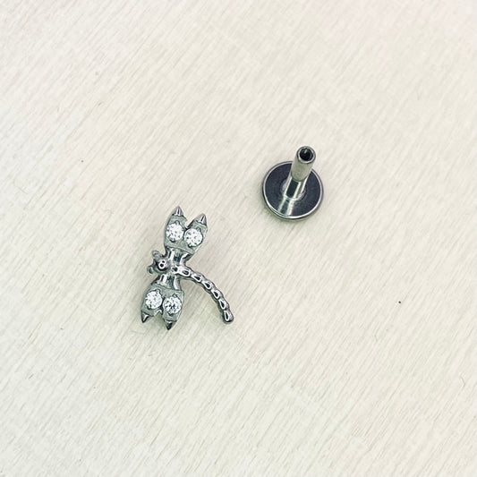 Small DRAGONFLY Clear Gem Top Internal Thread Medical grade titanium ASTM F136 Labret Stud Lobe Helix Flat jewellery, 1.2 x 8mm