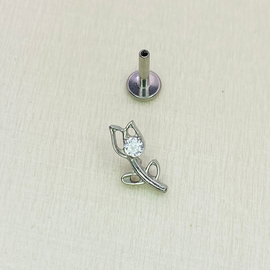 TULIP with clear gem Internal Thread Top Medical grade titanium ASTM F136 Labret Stud for Lobe Helix Tragus  size:1.2 x 6/8/10mm