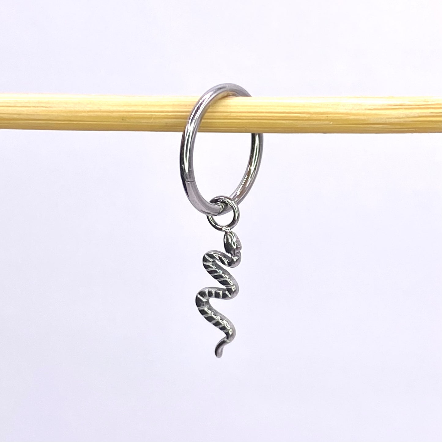 SNAKE Charm with Titanium Clicker Hoop Earring for lobe or outer conch piercings 1.2 x 8/10mm