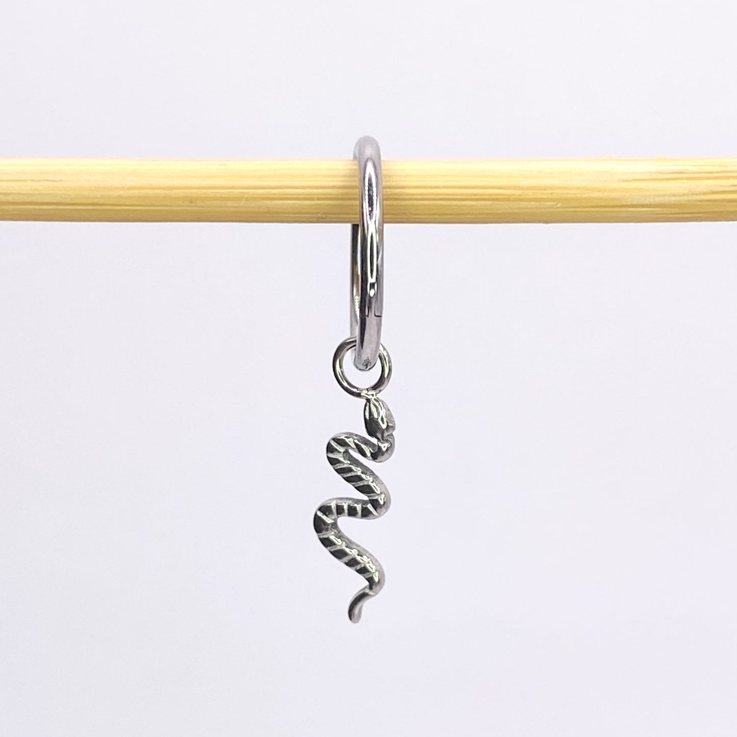 SNAKE Charm with Titanium Clicker Hoop Earring for lobe or outer conch piercings 1.2 x 8/10mm