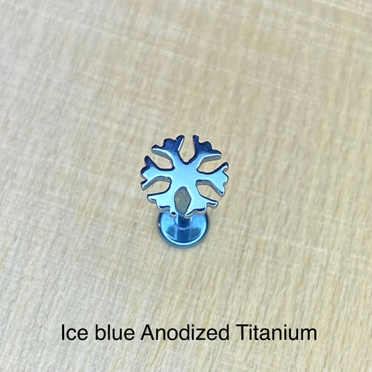 Ice Blue SNOWFLAKE Disc Top Internal Thread Medical grade ASTM F136 titanium Labret Stud Lobe Helix Flat Piercing Jewellery size:1.2 x 8mm