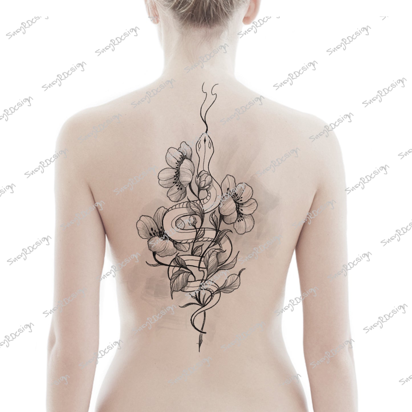 Freehand-Drawn, Unique Snake and Flowers Tattoo Pencil Drawing - Stencil for Perfect Ink Outline included, SVG PNG JPG files