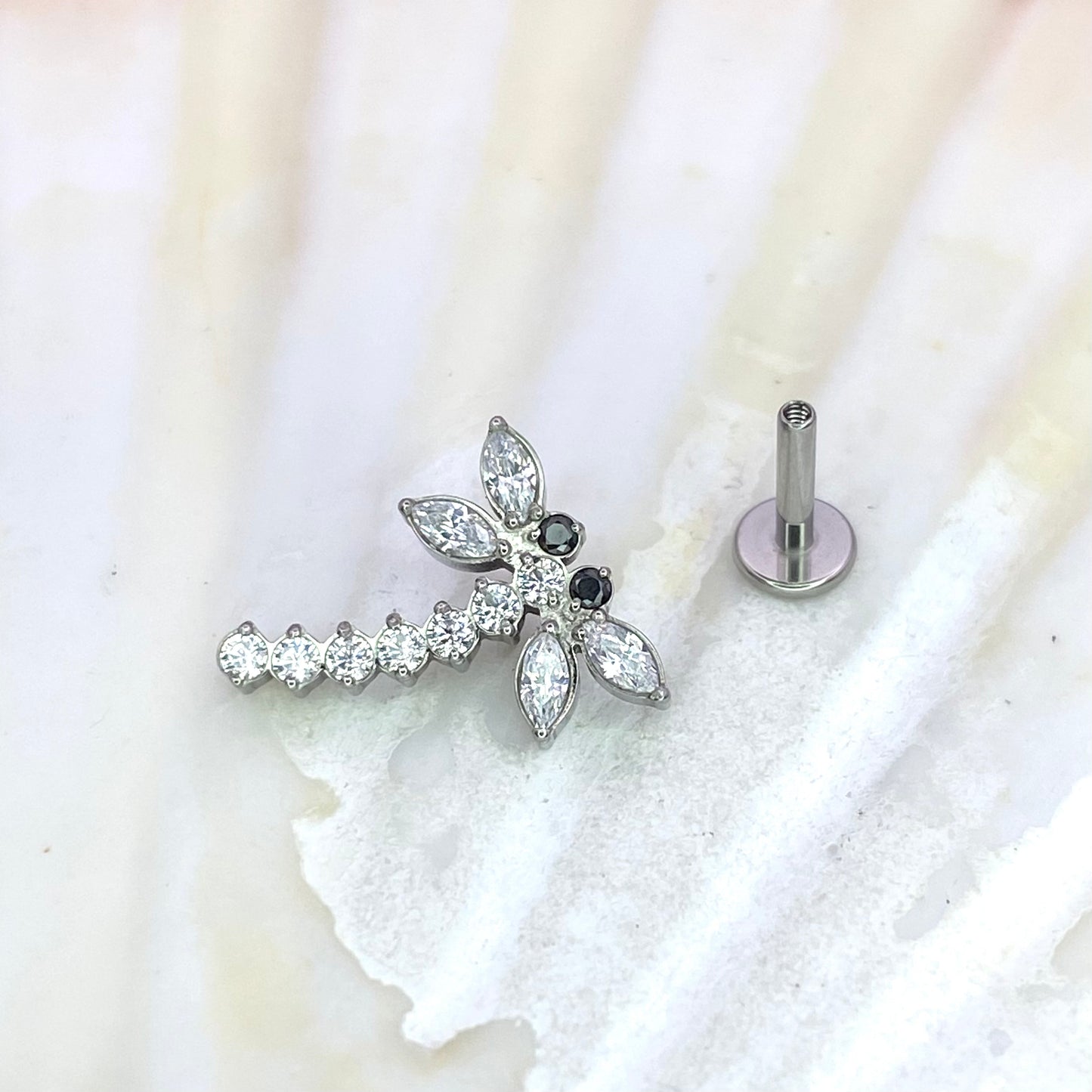 Large DRAGONFLY Clear Gem Top Internal Thread Medical grade titanium ASTM F136 Labret Stud Lobe Helix Flat jewellery, 1.2 x 8mm