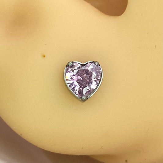 PINK HEART Gem Top Push Pin Medical grade ASTM:F-136 titanium labret 1.2x8mm conch helix tragus ear lobe flat jewellery