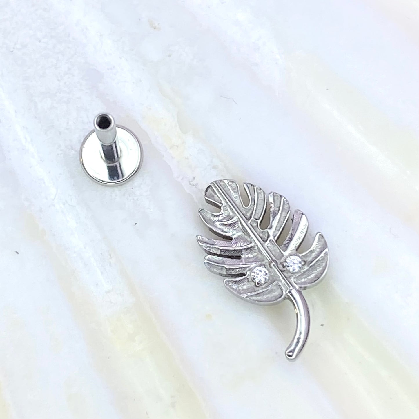 MONSTERA LEAF with Clear Gems Internal Thread Top Medical grade titanium ASTM F136 Labret Stud for Lobe Helix Tragus  size: 1.2 x 8mm