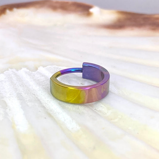 Gold to Blurple and Teal Gradient Anodized 4mm Wide Band Conch Hoop or Lobe Earring Implant Grade Titanium Clicker Size: 1.2mm x 11mm x4mm