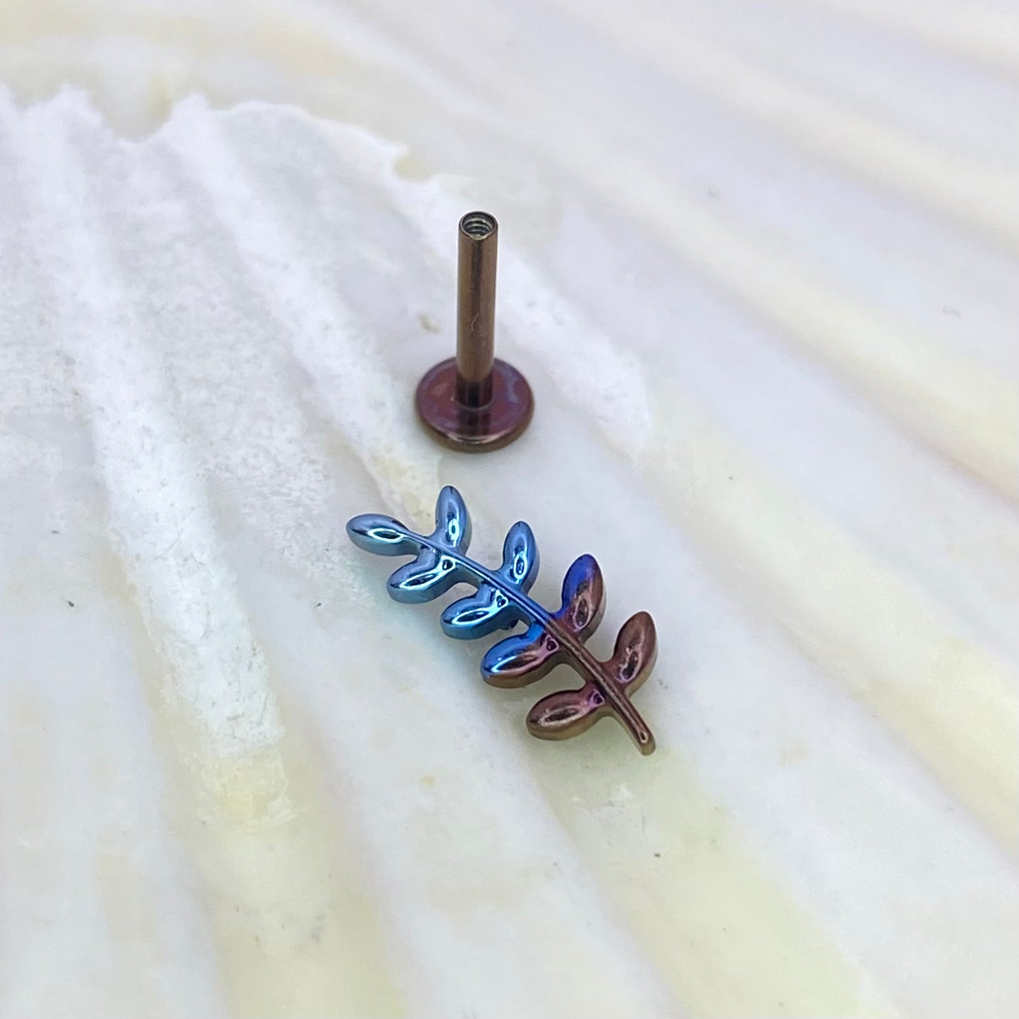 Eggplant to Sky Blue Gradient Anodized Leafy Branch top labret, Internal thread ASTMF-136 titanium 1.2x8mm helix cartilage tragus stud