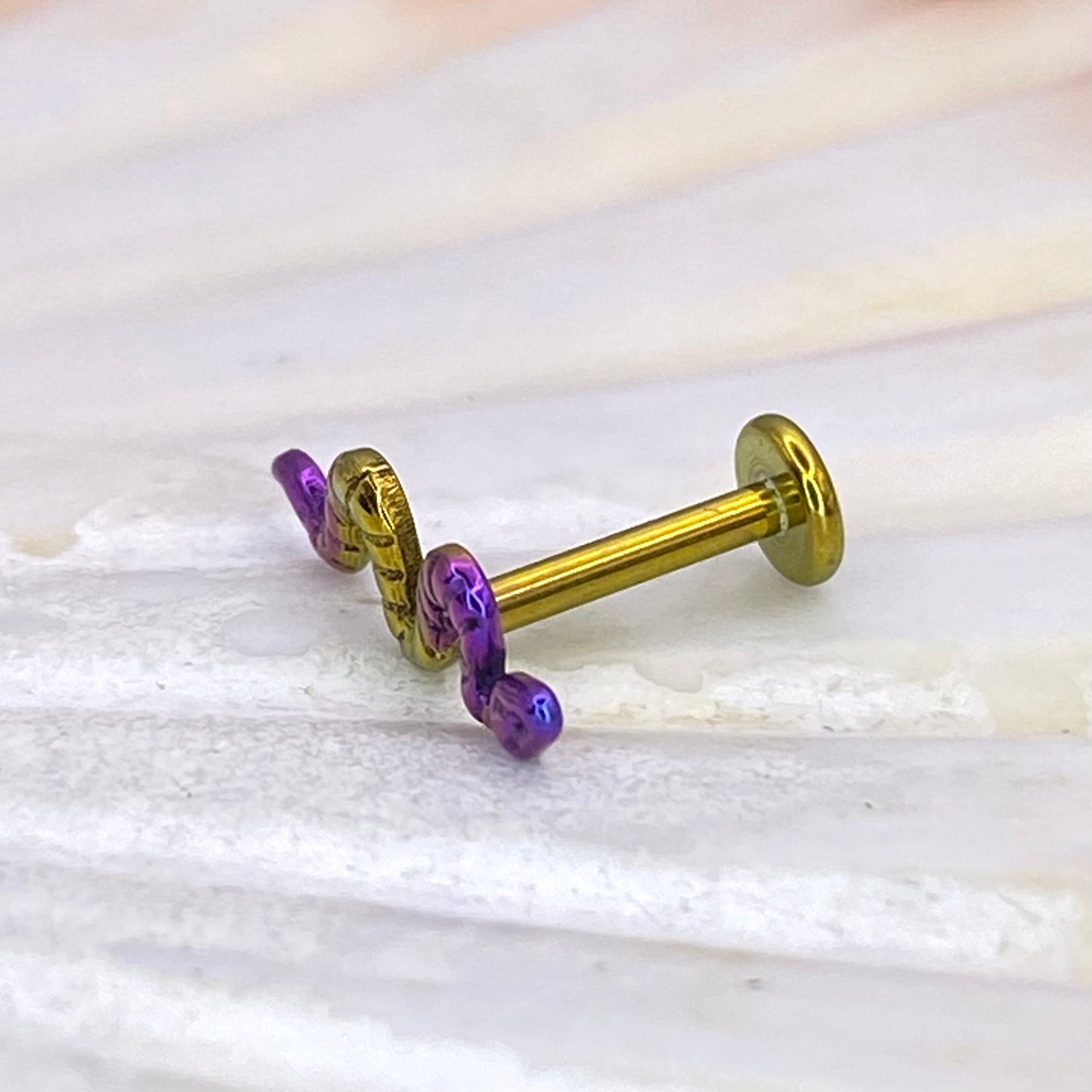 Vibrant Purple and Gold Anodized Snake top Medical grade ASTM:F-136 titanium Labret 1.2x8mm lobe helix cartilage flat conch tragus