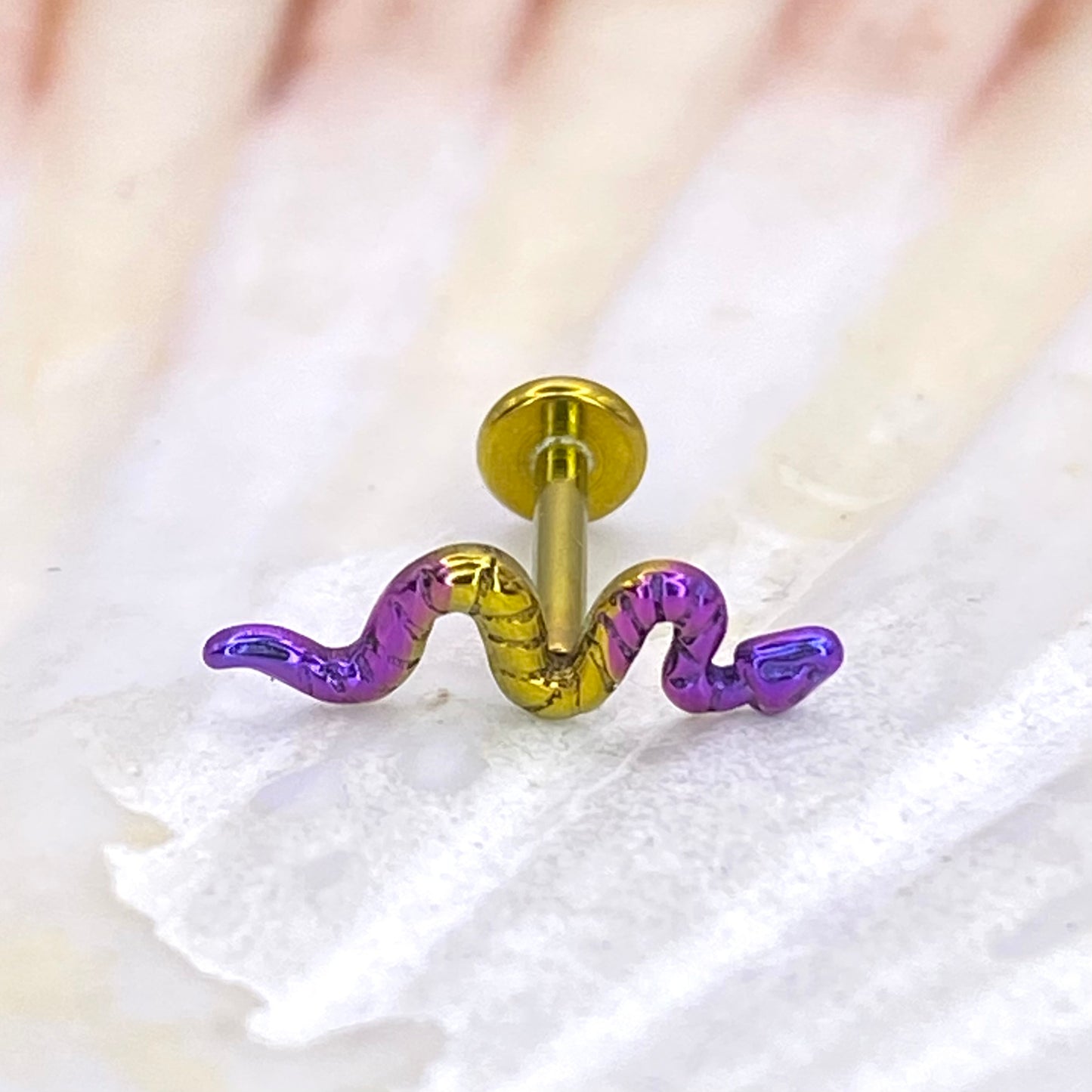 Vibrant Purple and Gold Anodized Snake top Medical grade ASTM:F-136 titanium Labret 1.2x8mm lobe helix cartilage flat conch tragus